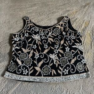 JKARA Black white tan champagne gold Floral Beaded Tank top Party Cocktail 1X